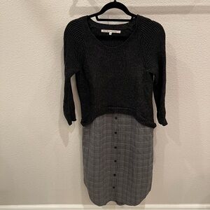 RACHEL Rachel Roy Grey Ribbed Sweater Dress w/ plaid button down skirt overlay